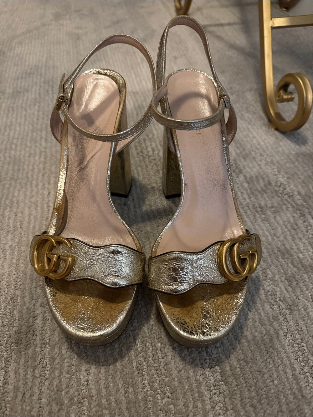 Gucci Gold Metallic Platform Slingback Sandals with Double G Hardware
